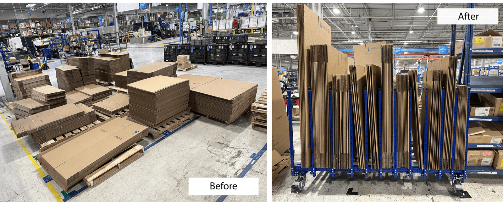 Johnson Controls Lean Manufacturing. Before and after of boxes on the floor to custom cart made.