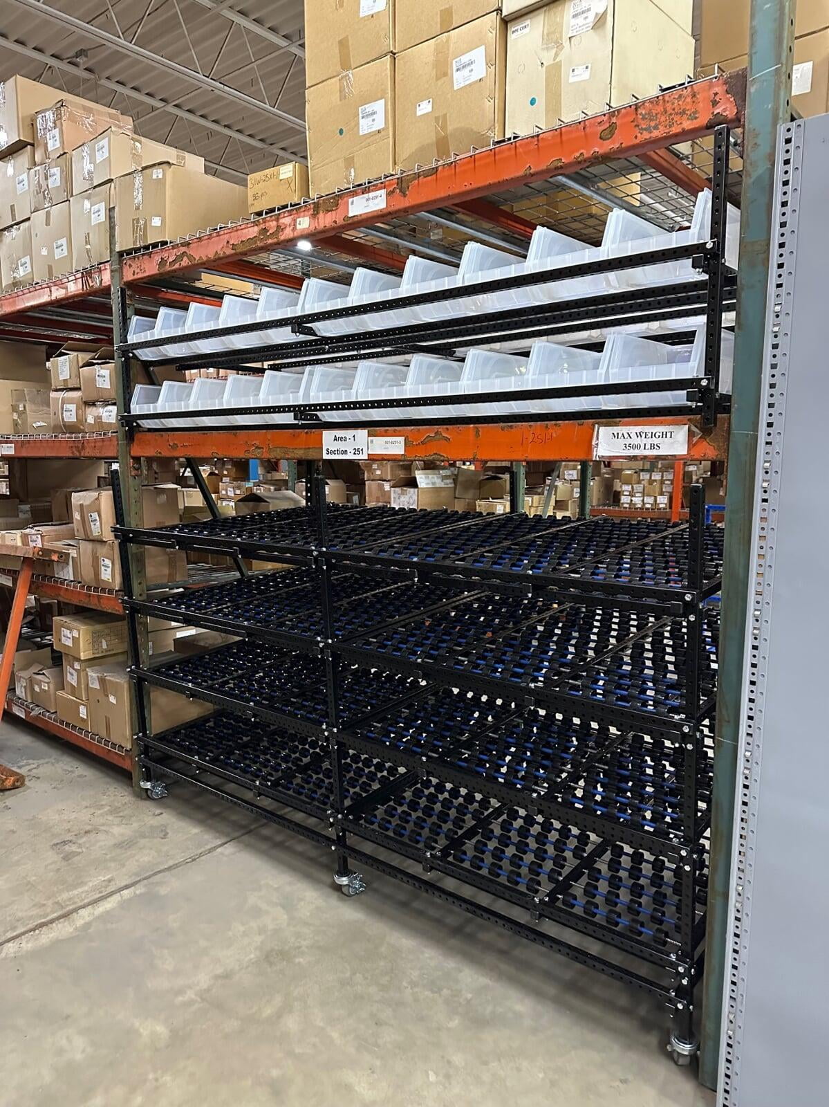 Warehouse Carton Flow Rack made of steel tubes.