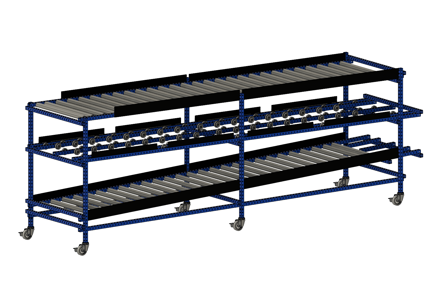 3 layer flow rack cart. 6 foot in length. Uses both roller conveyor wheels and skate wheels.