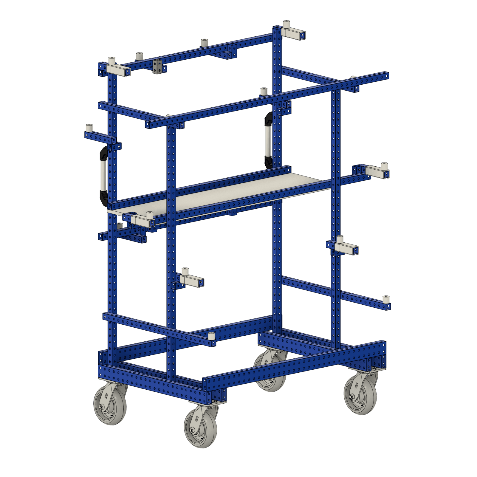 Custom Material Handling Cart to Hold parts. Blue steel tube. On casters.