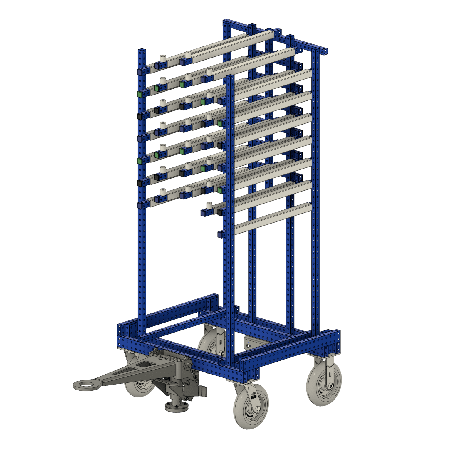 Blue steel tube cart with casters and hitch.