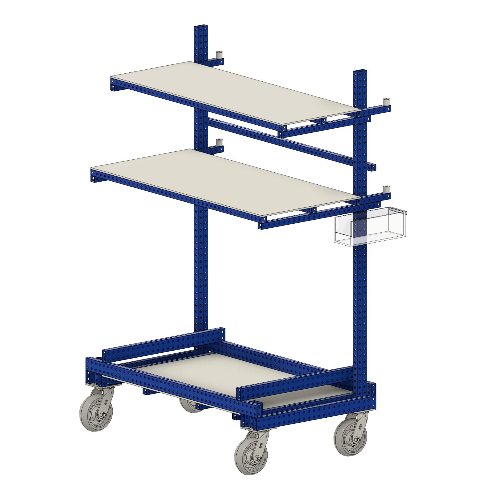 Custom 2 layer cart with adjustable heights. On caster wheels. Cart made with Blue steel tubes.