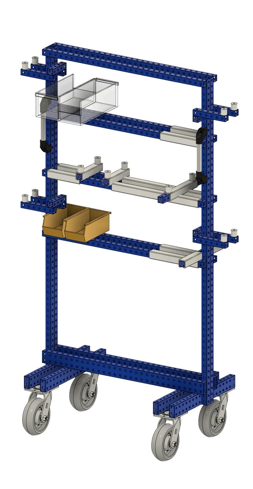 Fusion Designed Cart made with blue steel tubes. Holds manufacturing tools.